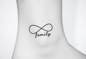 A minimalist infinity symbol composed of thin, intersecting lines, with the word "family" subtly incorporated along the curve in a contemporary font tattoo idea