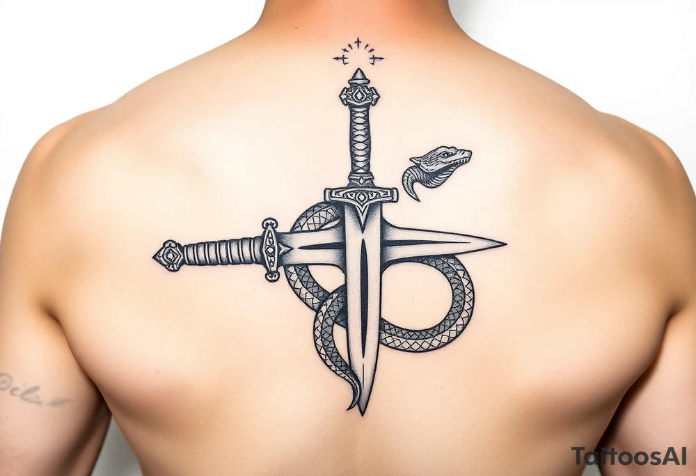 mystical snake coiled around an ancient dagger with jeweled hilt tattoo idea