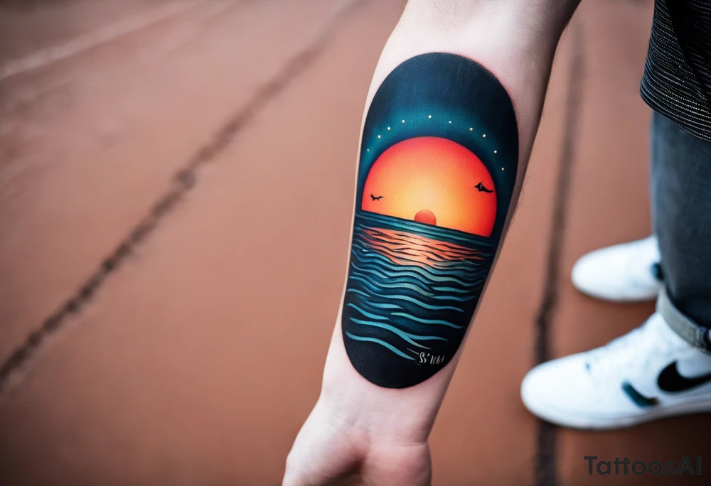 This is an extremely simple and minimalistic tattoo on male forearm. The tattoo covers the forearm lengthwise and is not tall or round. From the perspective of being on the ocean, Water is calm, with no waves in sight, the sun is setting behind the ocean, reflecting light onto the ocean. tattoo idea