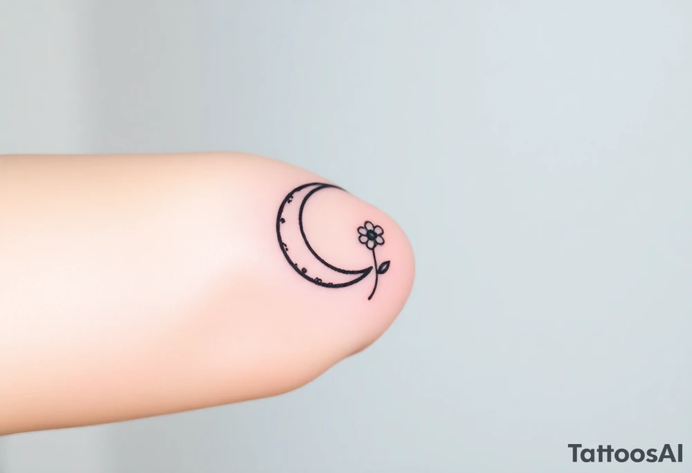 Small black and white tattoo waxing crescent moon with small Daisy birth flower and tiny Leo gliph tattoo idea