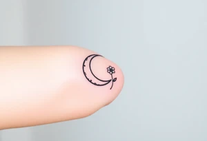 Small black and white tattoo waxing crescent moon with small Daisy birth flower and tiny Leo gliph tattoo idea