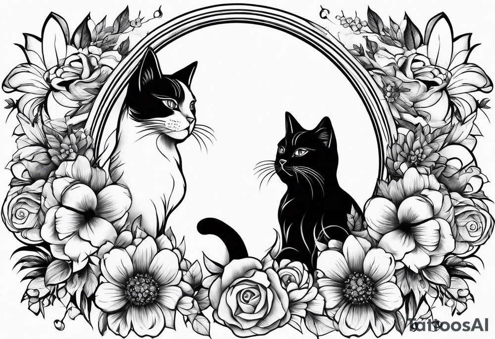 2 cats in laid crescent moon with flowers and paw prints tattoo idea