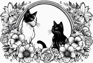2 cats in laid crescent moon with flowers and paw prints tattoo idea