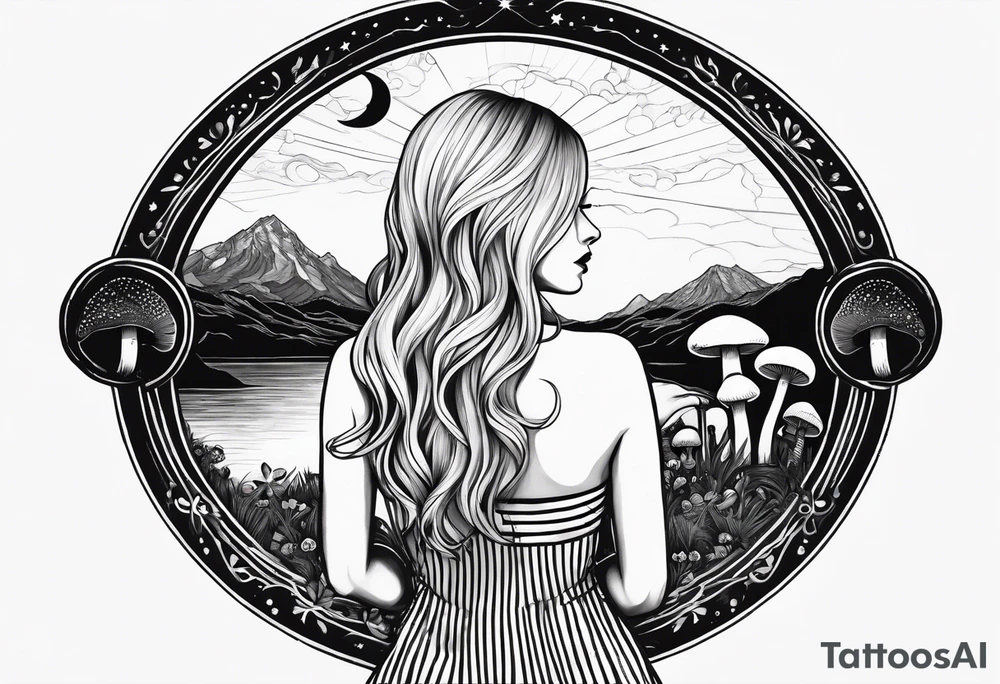Straight blonde hair girl facing away toward mountains surrounded by mushrooms crescent moon circular design black and white striped dress tattoo idea