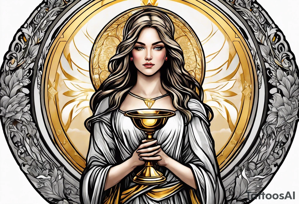 woman saint holding chalice surrounded by golden halo sideways tattoo idea