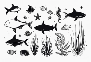 Small sea creatures in a vertical line tattoo idea