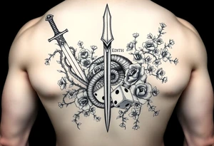 knight and sword and squid intertwined with climbing roses and thorny vines with cherry blossoms rolling dice tattoo idea