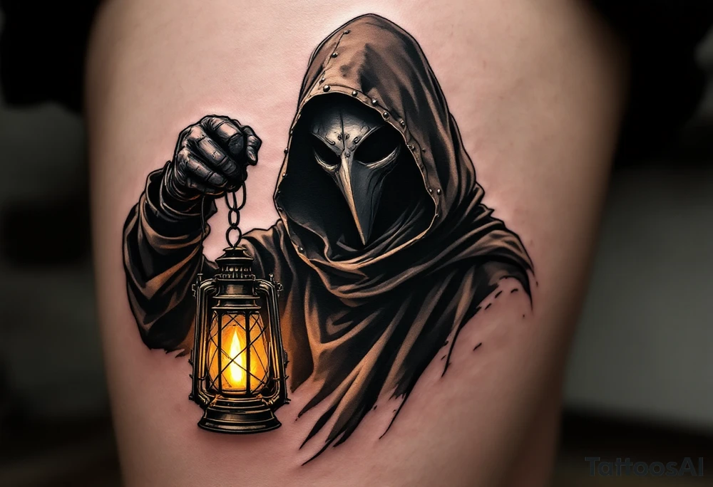 Medieval Plague Doctor with Lantern – A shadowy plague doctor in a worn-out dark brown cloak, holding an old brass lantern with a flickering warm yellow candlelight inside. The beaked mask is deep black with silver rivets. tattoo idea
