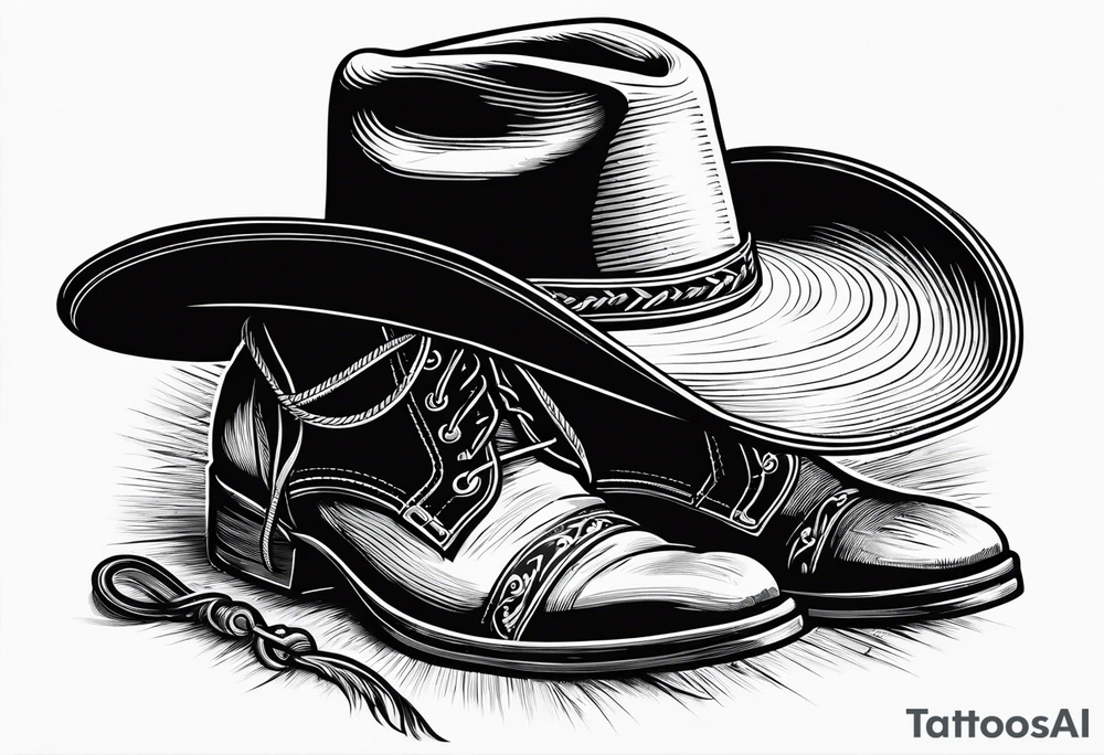 worn cowboy hat and lasso and boots with scroll letter next to it “with a dream in my eye and a prayer in my heart” tattoo idea