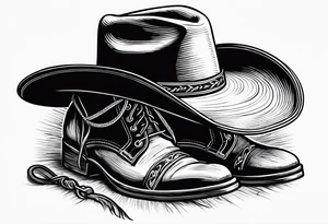 worn cowboy hat and lasso and boots with scroll letter next to it “with a dream in my eye and a prayer in my heart” tattoo idea