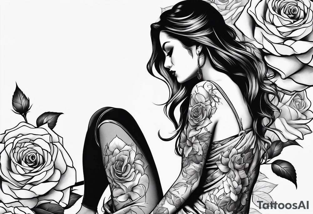Bloomed rose attached with female body, kneeling tattoo idea