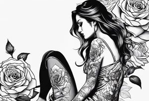 Bloomed rose attached with female body, kneeling tattoo idea