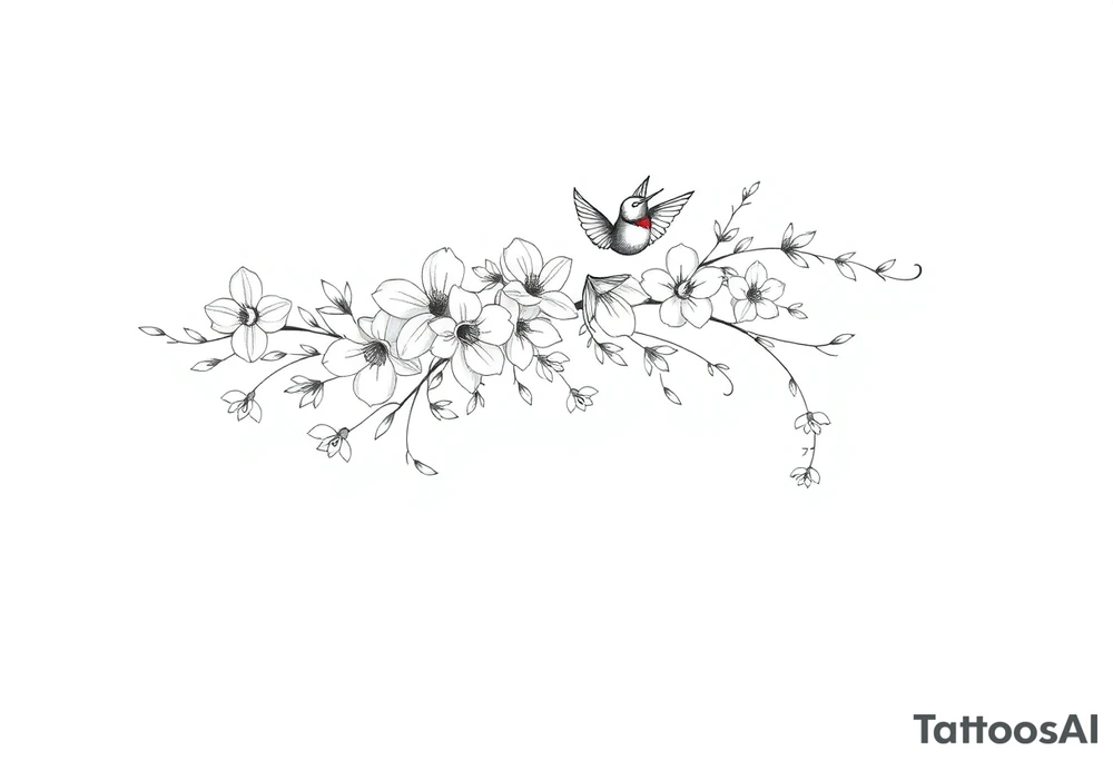 Create a fine-line tattoo design for the top of the left forearm, extending vertically from just below the elbow to the wrist. The design should feature a delicate arrangement of narcissus flowers, daffodils, larkspurs, and dogwood flowers, with flowing vines and leaves weaving through the composition to complement the natural curve of the forearm. Include one small hummingbird with subtle color accents (soft shades of green and red) hovering near the flowers, in a realistic yet minimal style. Subtly integrate the time ‘6:38’ into one of the flower vines, using a small, elegant font that blends naturally with the design. The overall style should be fine-line and detailed, with a light, airy feel, similar to a botanical illustration, focusing on intricate line work and minimal shading. tattoo idea