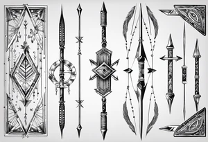 three parallel arrows. the first arrow broken near the flight. the second middle arrow in tact. the third arrow broken near the head. including the morse code for JAK in the design. tattoo idea