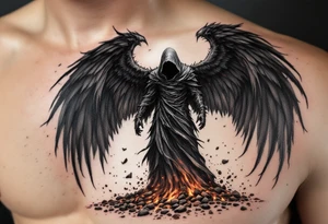 A towering Angel of Death with massive black wings, glowing red eyes, and a tattered hooded cloak, standing in a storm of ashes. tattoo idea