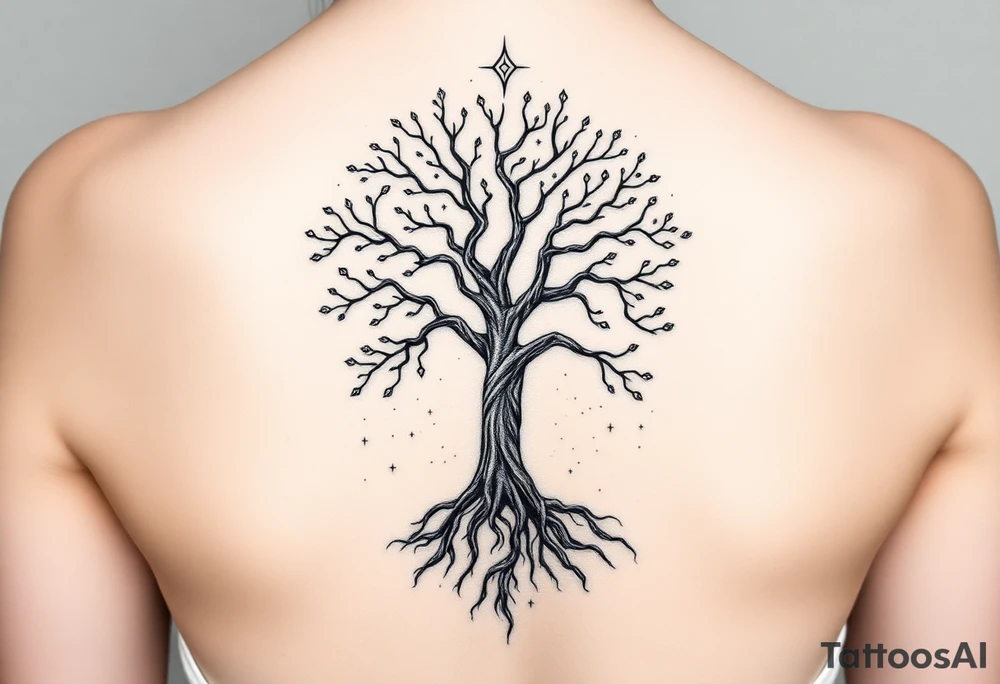 mystical tree of life with cosmic roots and celestial branches tattoo idea