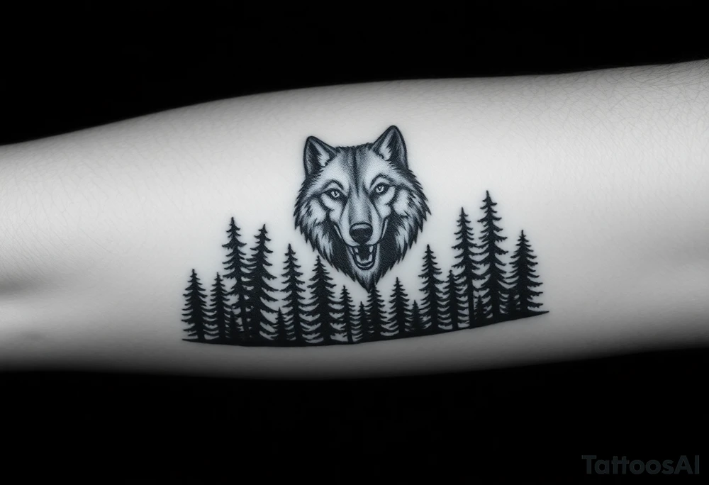 Dark wooded area with a large wolf head over the treeline tattoo idea