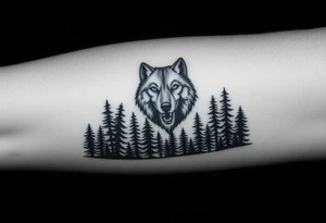 Dark wooded area with a large wolf head over the treeline tattoo idea