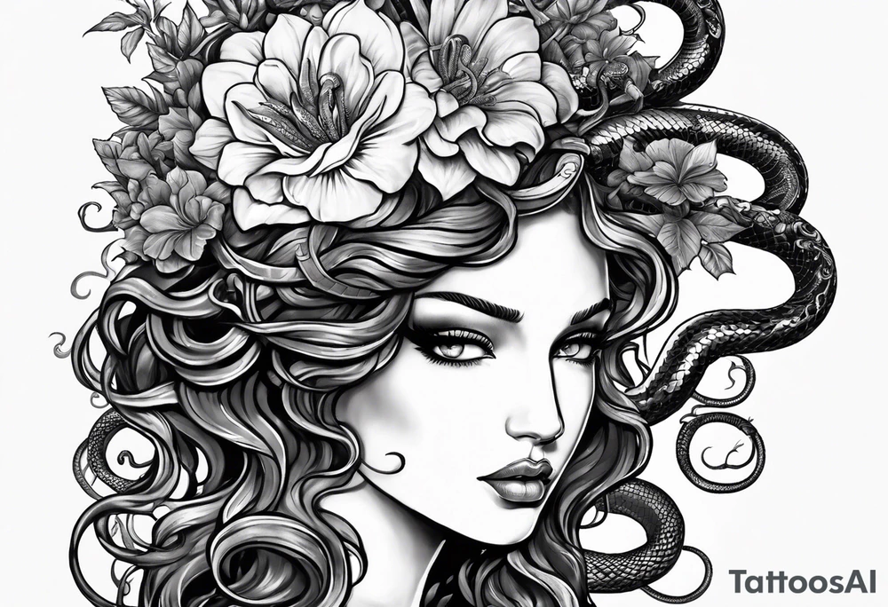 Medusa head with snakes and flowers in medusa's hair. One of the snakes eating a heart. tattoo idea