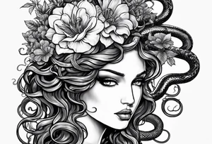 Medusa head with snakes and flowers in medusa's hair. One of the snakes eating a heart. tattoo idea