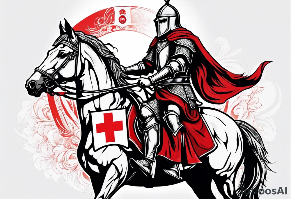 Templer knight on horse with sword and shield with red cross tattoo idea