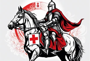 Templer knight on horse with sword and shield with red cross tattoo idea