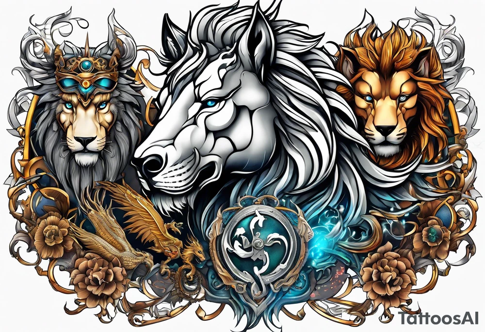 AI Tech, Lion, Horse, Dragon and Wolf tattoo idea