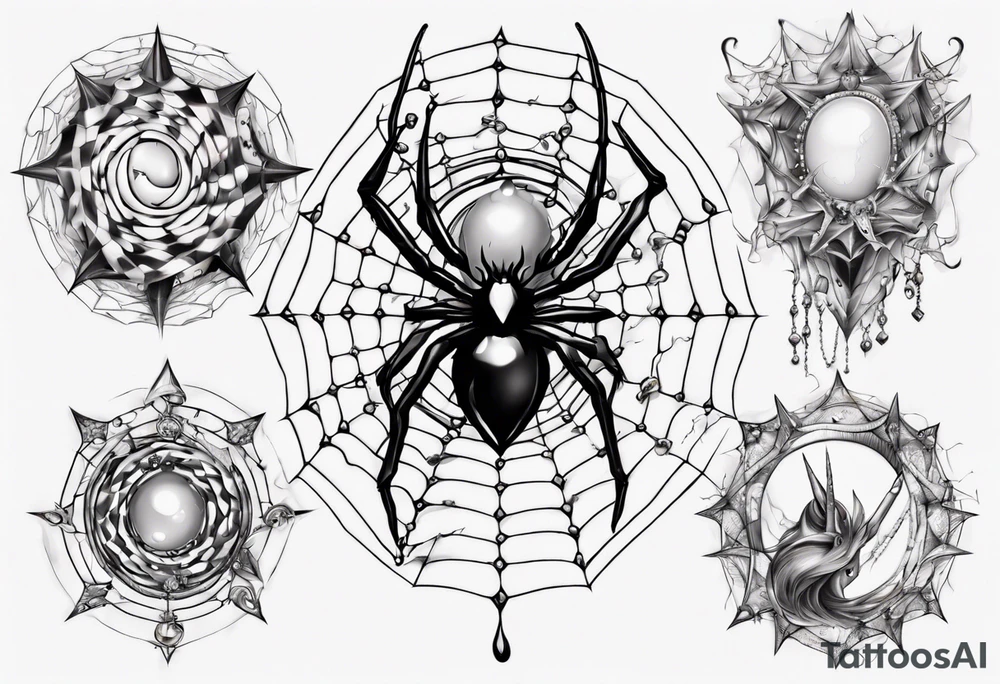 Spider in a spiral spiderweb with jewels and shattered chalices and spiral unicorn horn. tattoo idea