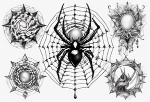 Spider in a spiral spiderweb with jewels and shattered chalices and spiral unicorn horn. tattoo idea