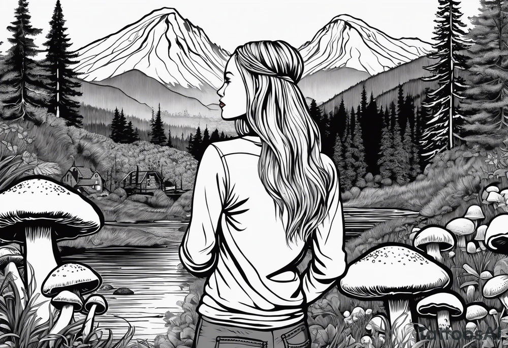 Whole picture encircled fully

Straight long blonde hair hippie girl in distance holding mushrooms in hand facing away toward mountains and creek surrounded by mushrooms long sleeve shirt and hiking pants; whole rendering within a full circle, no cut off circle tattoo idea
