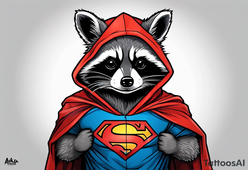 raccoon wearing a Superman hoodie tattoo idea