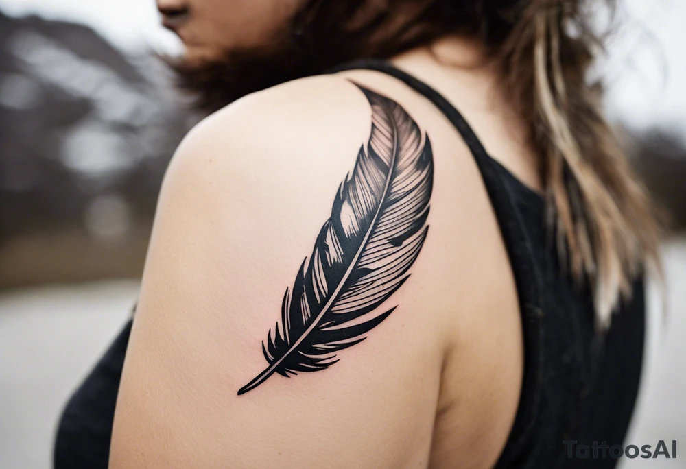 The tattoo begins on the left arm, at the elbow, where feathers are flying under the action of the wind towards the left hand. These feathers share the air space with branches that have leaves, and both elements move together up the left arm. As they approach the shoulder, some lightning appears between them. At this point, the feathers start to converge toward the left chest, where a vortex of energy reveals the head of an owl. The branches converge toward the left side of the back, passing over the shoulder. On the left side of the back, there is a dense, psychedelic element representing the energy of life's creation, with references to the earth, element, and planet. There is also a clay house in this area. tattoo idea