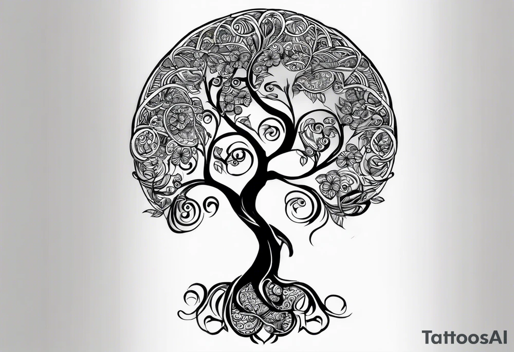 A tattoo of an abstract Tree of Life tattoo to be placed directly on the bicep of a woman. It can wrap around the arm a little. It should have roots growing out of the bottom. The roots slowly turn into water from the Great Wave by Hokusai. A golf flag should be placed discreetly growing out of the ground. 2 license plate tags should be hanging from the tree. Place a few music notes in the areas the leaves should be. The letters A U should be engraving into the tree trunk in a heart. Not inside a circle. The overall shape of the tattoo should be organic. Black and white only. tattoo idea