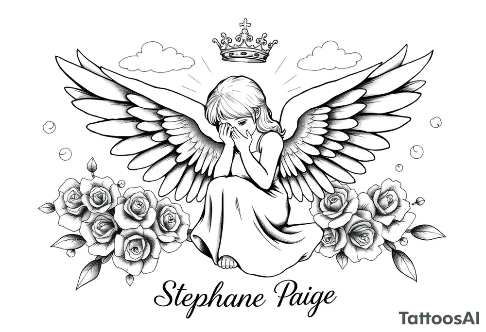 A beautiful memorial tribute tattoo with a fallen angel with big beautiful wings kneeled down crying with roses all around and clouds above and beams of haven shining down. With the saying " You were my favorite hello,and my hardest goodbye.Until we meet again,my sweet girl,rest easy" with the name Stephanie Paige underneath the saying ,all in bold beautiful writing or font. Add a bold crown at the top of it all and any extras you feel would blend or go with this idea. tattoo idea
