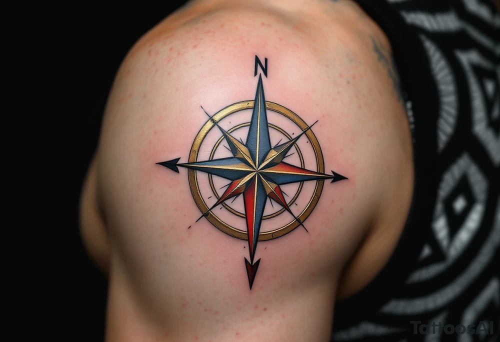 A delicate golden compass, with three arrows in black, navy blue, and red, pointing toward different meaningful destinations tattoo idea