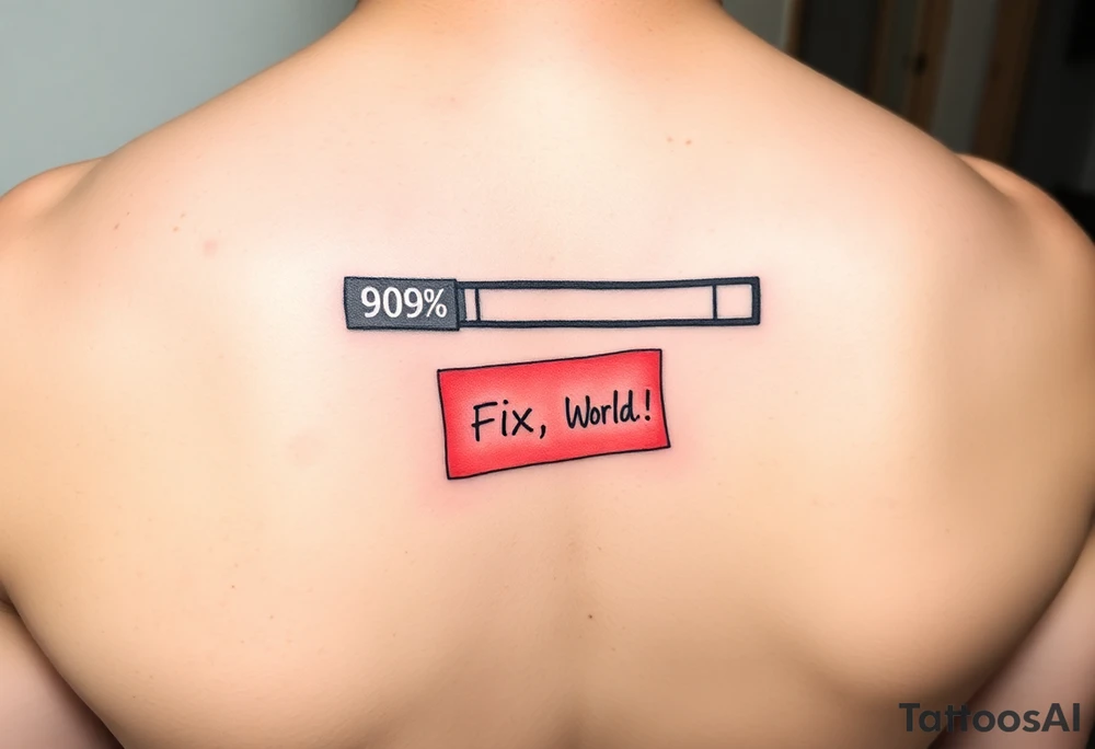 "Funny tattoo of a loading bar stuck at 99% with the text 'Deploying...'"

"Tattoo of a cute robot with the text 'Hello, World!'"

"Tattoo of a bug with a red 'FIX ME' sticky note on it"

"Tattoo of coffee cup with 'while (!asleep) { code(); }'"

"Tattoo of a 404 Error: Tattoo Not Found" tattoo idea