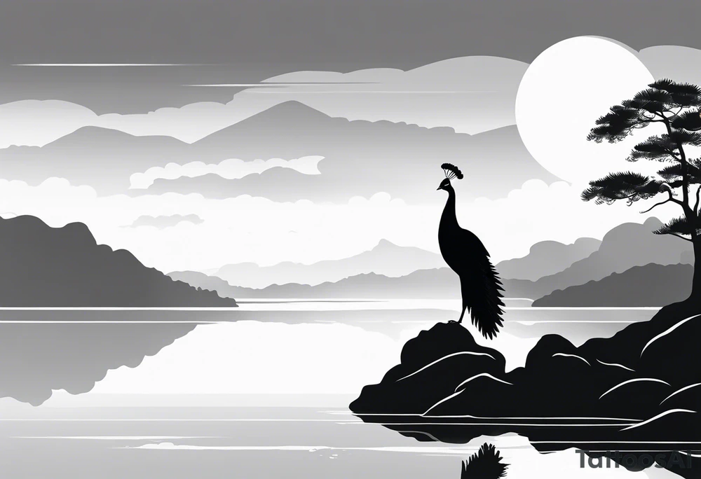 Black and white silhouette illustration of a serene lakeside setting with a peafowl standing on rocky terrain. The peafowl's silhouette is elegant and detailed, with its tail and feathers fanned out. The lake is depicted as a smooth surface, reflecting the silhouette of the peafowl and abstract cloud shapes in the sky. The sky above is minimalistic, with soft, flowing lines representing clouds. The overall composition is peaceful, with the peafowl and its reflection standing out against the stark contrast of the black-and-white design. tattoo idea