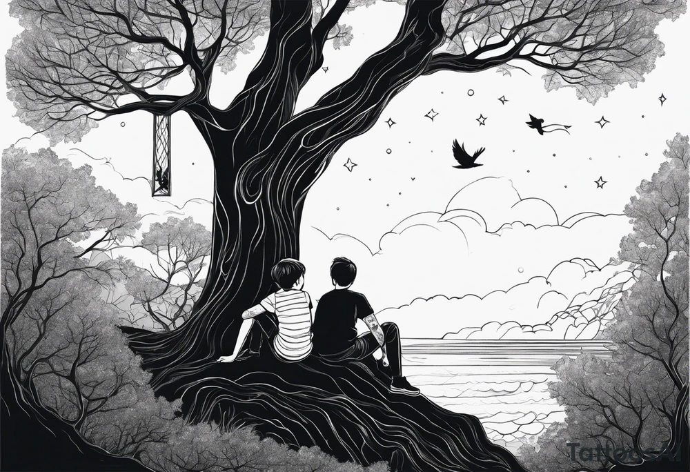 Two siblings watching a starfall by the sea. They are sitting on a tree branch in the woods and having an angel by There side tattoo idea