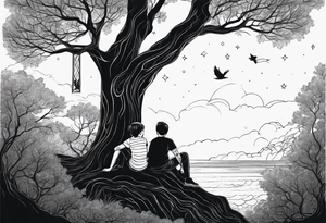 Two siblings watching a starfall by the sea. They are sitting on a tree branch in the woods and having an angel by There side tattoo idea