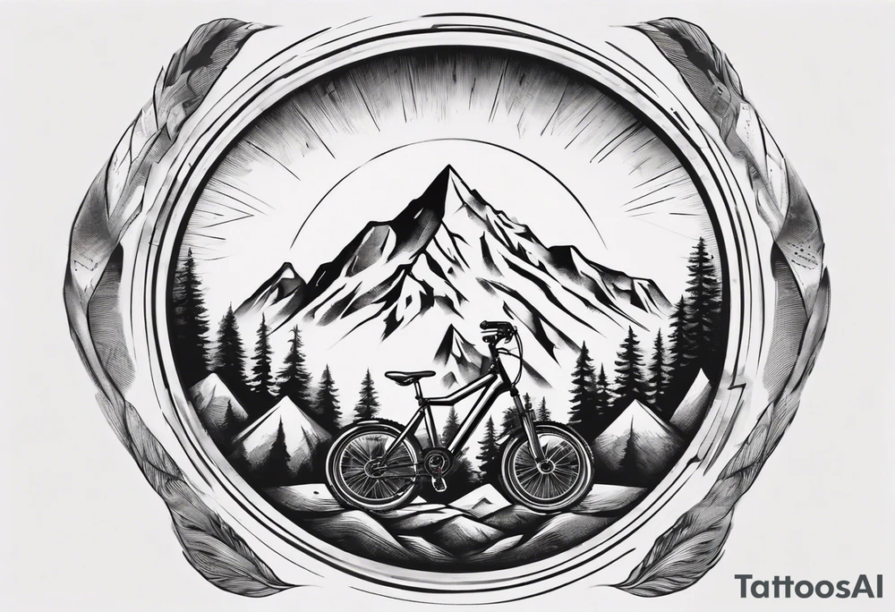 bicycle wheel as a weight plate with a mountain in the middle tattoo idea
