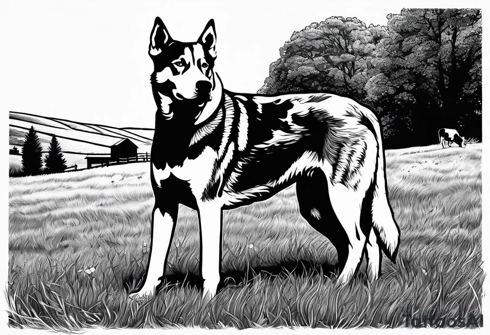 husky and pitbull looking at cow pasture tattoo idea