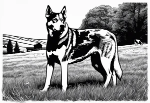 husky and pitbull looking at cow pasture tattoo idea