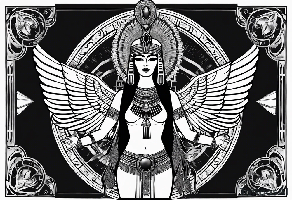 blank and white Egyptian goddess Isis, who is often depicted as a woman with outstretched wings, holding an ankh (a symbol of life) in one hand and a lotus flower in the other. Her headdress often includes a throne or a solar disk. The tattoo design can vary in style and size, but it typically aims to capture the essence of this revered Egyptian deity, emphasizing her beauty, power, and maternal qualities. The choice of colors and additional elements can also be customized to create a unique and visually striking representation of the goddess Isis tattoo idea