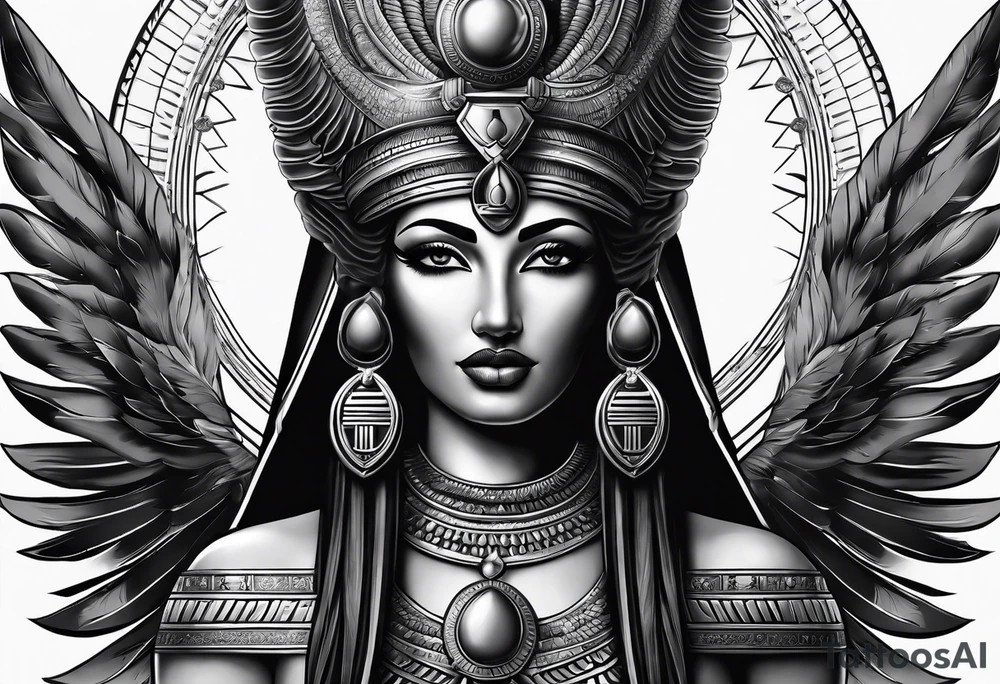 black and gray photo realistic goddess isis with minimal detail tattoo idea