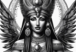 black and gray photo realistic goddess isis with minimal detail tattoo idea