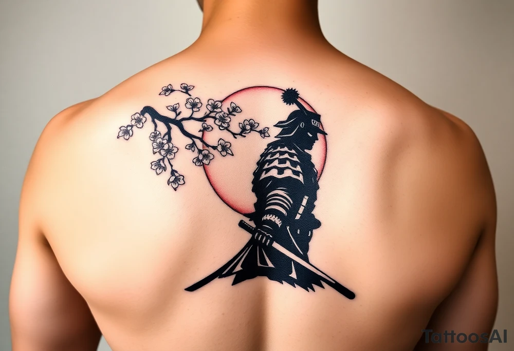 noble samurai warrior silhouette at sunset with cherry blossoms tattoo idea