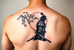 noble samurai warrior silhouette at sunset with cherry blossoms tattoo idea
