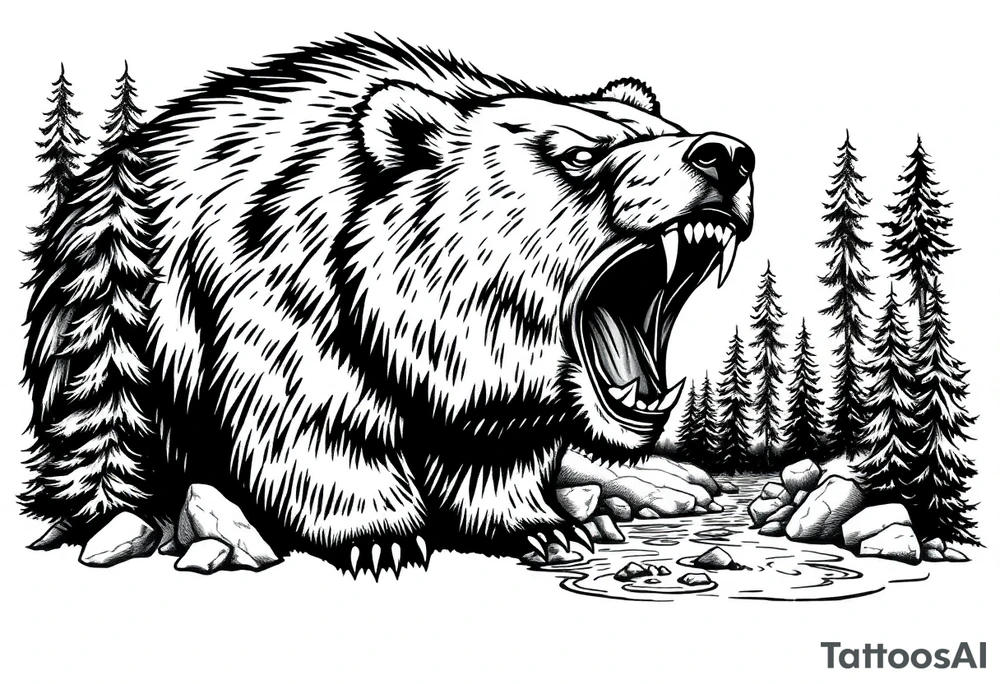 roaring bear,forest,river. tattoo idea