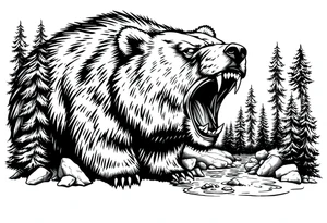 roaring bear,forest,river. tattoo idea