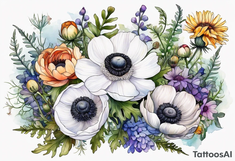 white anemone with black center in the middle of wildflowers with thistles, ferns, ranuculus, sun flowers, mixed color flowers and different shapes all in watercolor tattoo idea